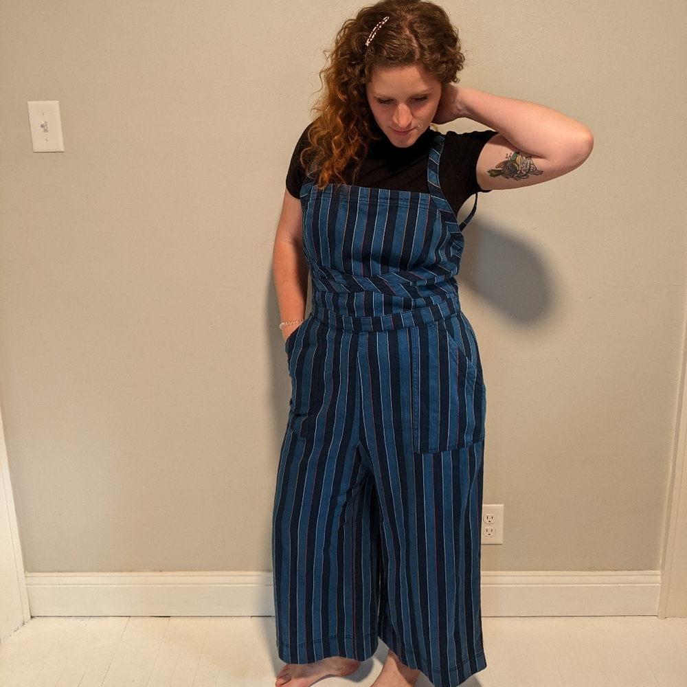 Anthropologie striped denim overalls romper